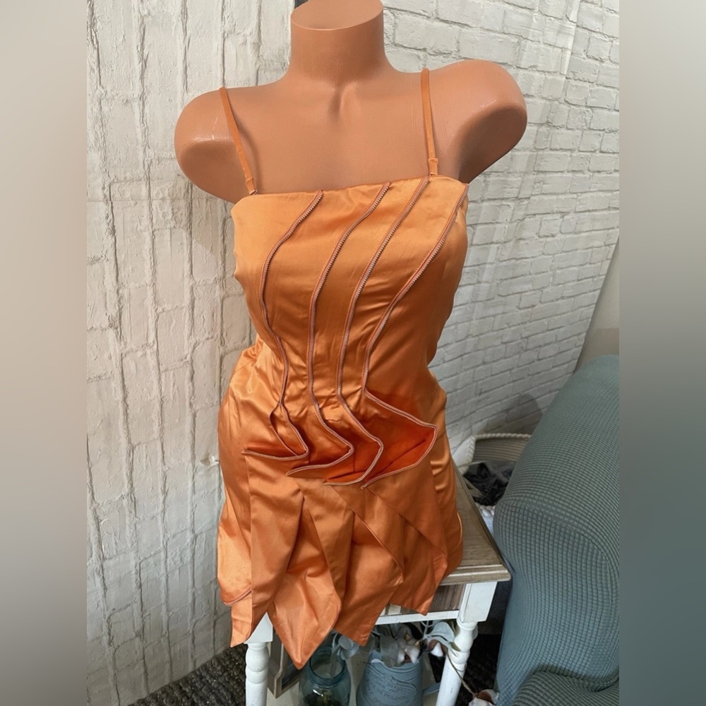 Lucy Paris Orange Tiered Zipper Satin Spaghetti Strap Dress Sz M NWT!